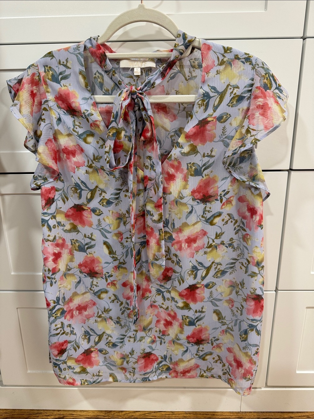 Wayf Light Blue Tie-Neck Floral Flutter Sleeve Blouse